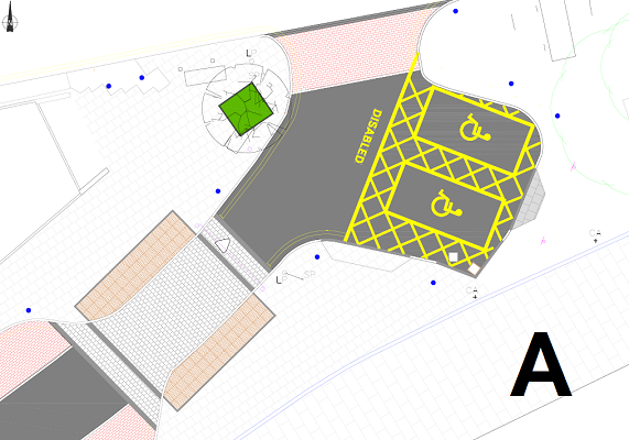 A technical drawing of two blue badge parking spaces, a level pedestrian crossing and the location of several new bollards