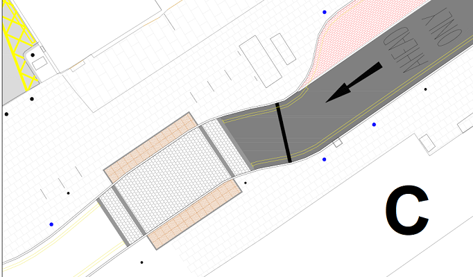A technical drawing of a one way street, a level pedestrian crossing and the location of new blue bollards