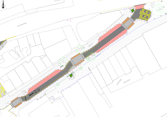 Fig 5 plan of the shopping area showing the proposed new welcome space, three wide level pedestrian crossings.  This initial plan shows that approximately two thirds of the bollards could be removed (dots show bollards that might be removed in red or stay in blue).