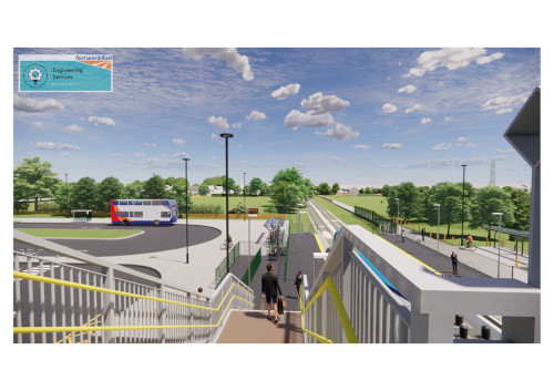 A computer generated image of the new Haxby Station, view from platform one's staircase
