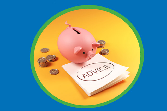Money advice piggy bank and coins