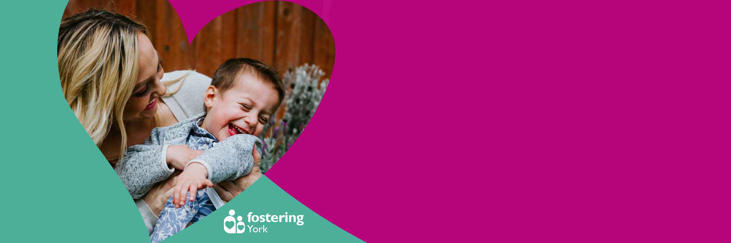 Mother and child smiling at one another inside a heart on a pink and blue background with the Fostering York logo