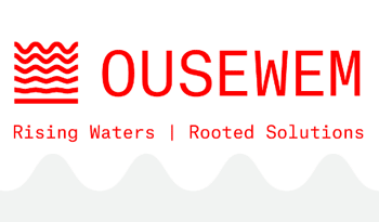 Red text-based logo with wavy line icon: Ousewem; rising waters, rooted solutions.