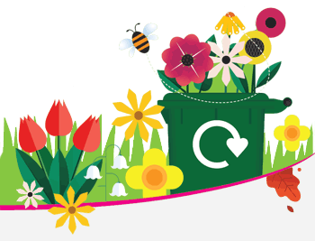 Stylized illustration of a garden waste bin surrounded by flowers with a bee flying above and a recycling symbol on the side.