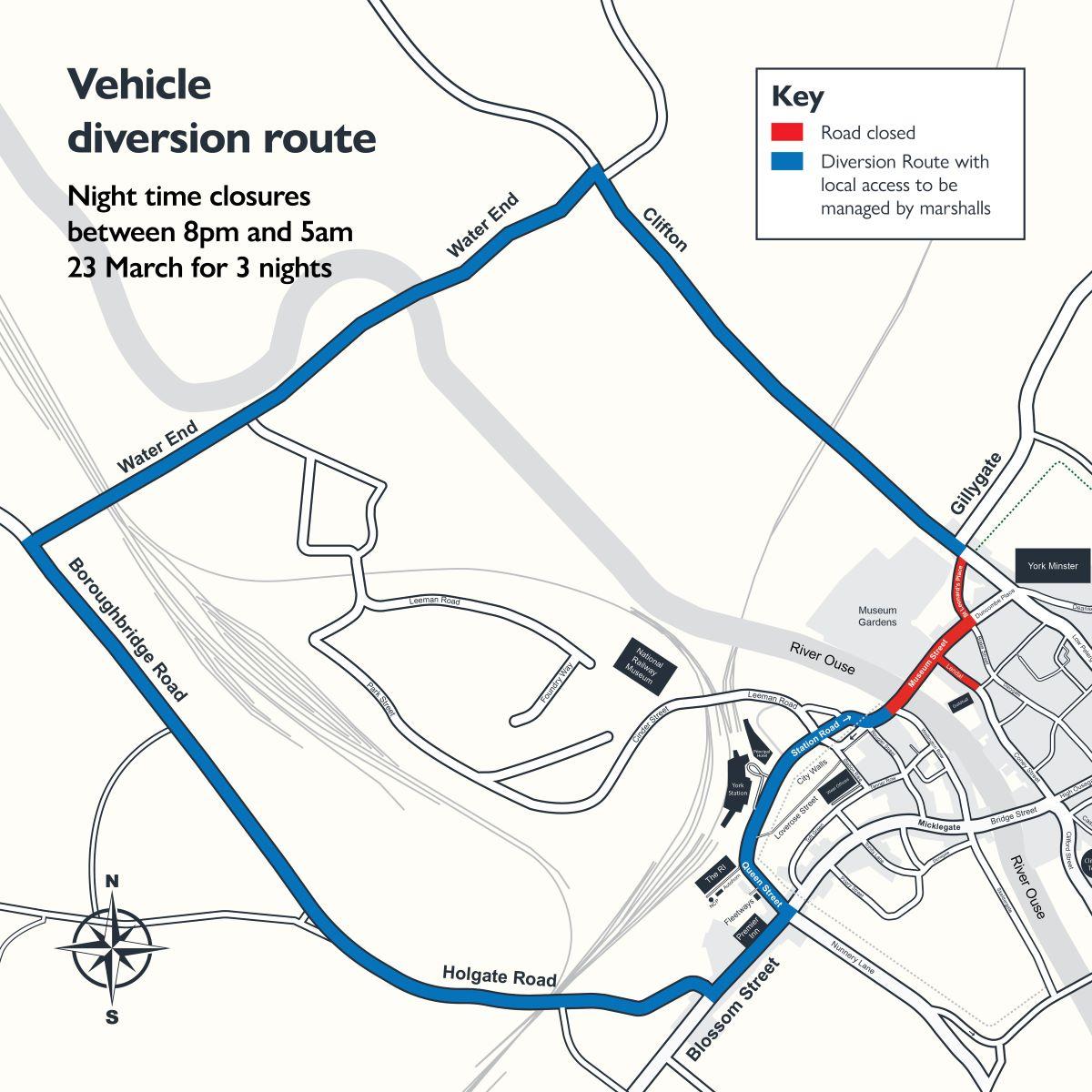 Vehicle diversion route. Night time closures between 8pm and 5am for 3 nights. Vehicles will use Station Road, Queen Street, Blossom Street, A59 Holgate Road, Poppleton Road, A1176 Water End bridge, A19 Clifton and Bootham to the Gillygate junction.