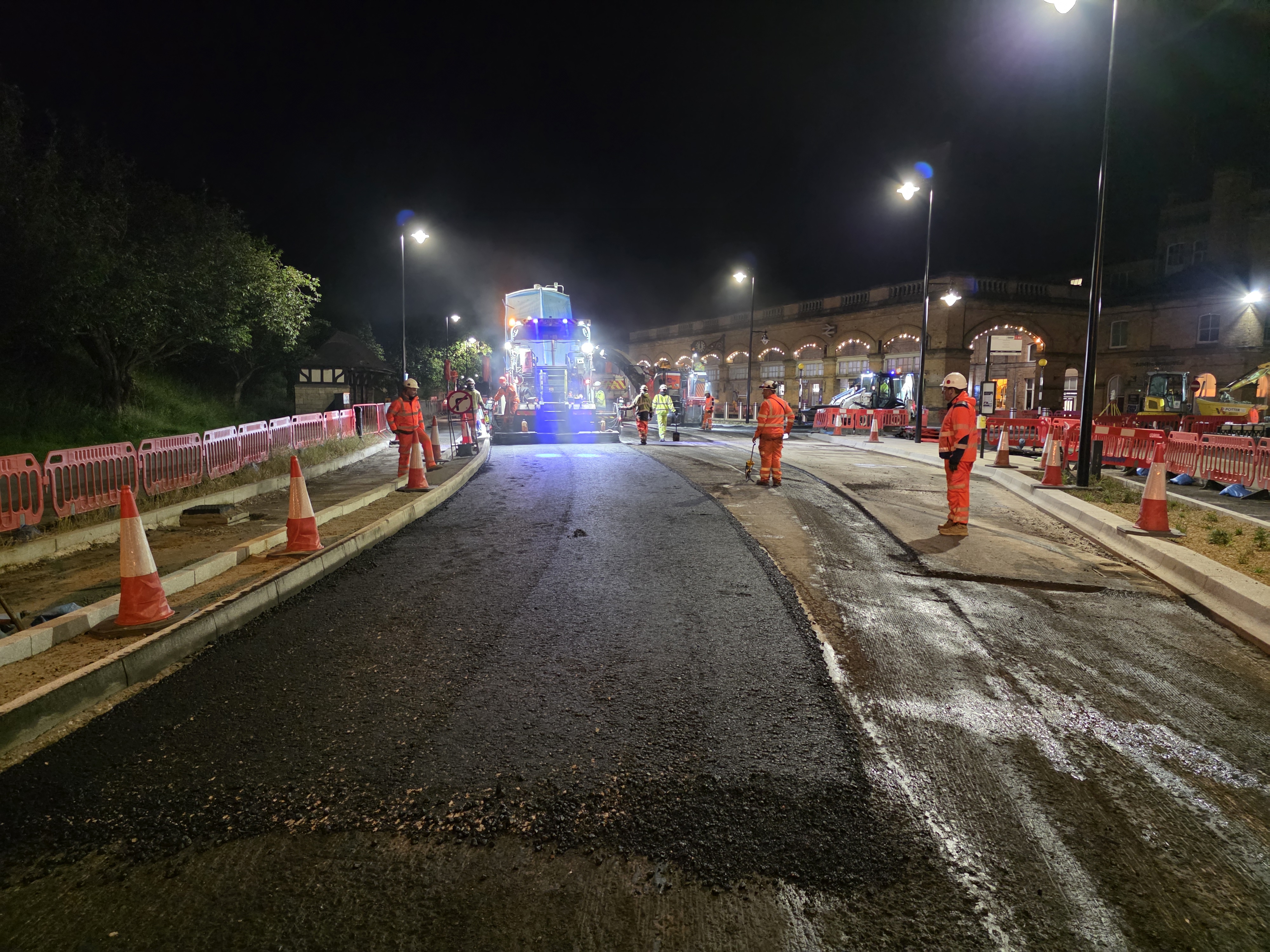 An image of construction work taking place at night in front of York Station