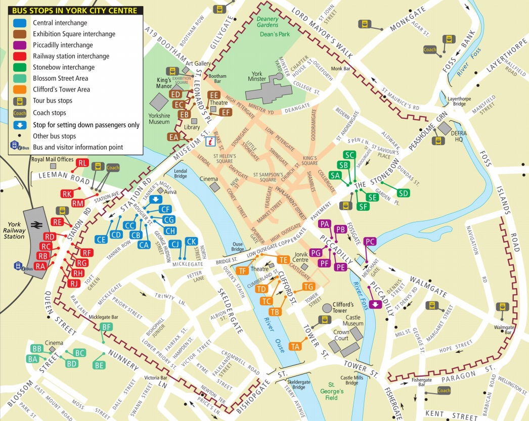 A map showing York city centre bus stops