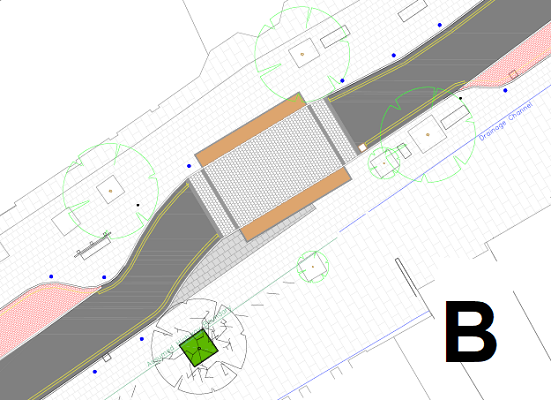 A technical drawing of a level pedestrian crossing and the location of new blue bollards