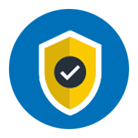 Flood aware icon - blue circle containing a yellow shield showing a black and white 'tick' symbol