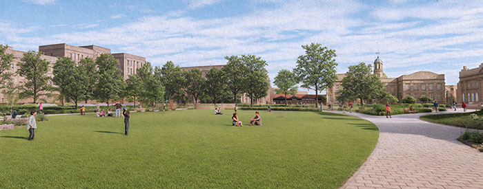 Illustrative sketch showing the view from Castle Approach towards the proposed open green space. source: BDP