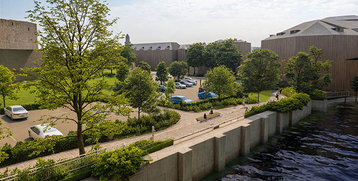 Illustrative sketch showing river edge, proposed riverside path and blue badge parking. source: BDP