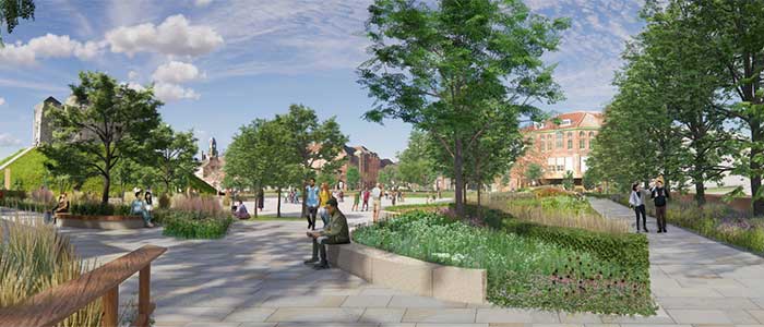 Illustrative view of the proposed river walk with Castle in the background and people sitting on benches in the foreground in front of trees