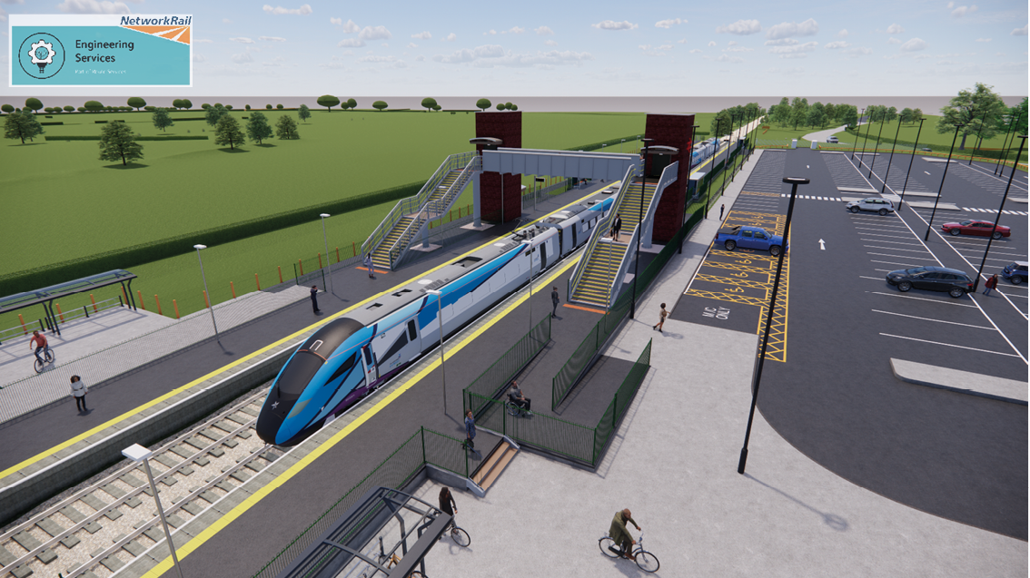 An artists impression of what Haxby Station could look like with a train arriving at the platform