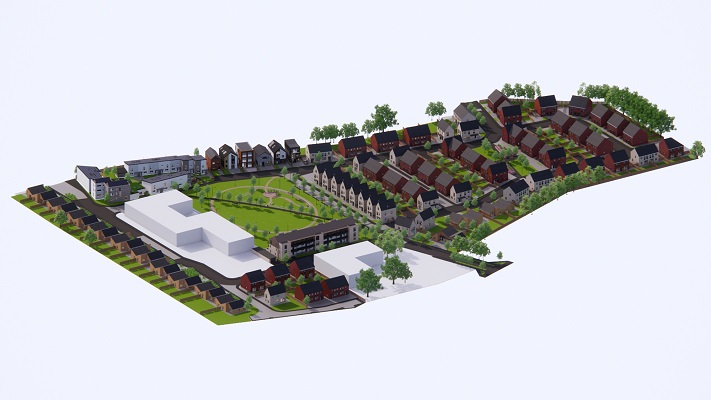 Artists impression of an aerial view of housing development, including custom and self build houses