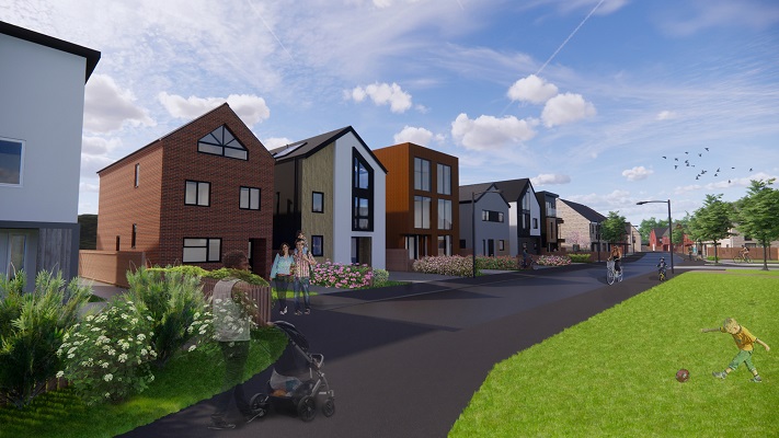Artists impression of self build houses on a street