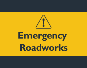 A yellow and grey graphic containing a warning icon and text reading "Emergency roadworks".