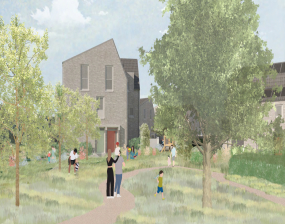 A drawing of people and new homes set in a landscape of trees and grass