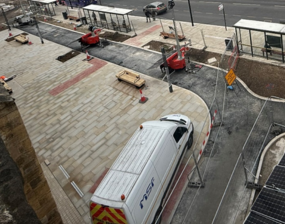 A photo of the Station Gateway site showing the new bus stops, new paving and new seating areas. Credit: John Sisk & Son