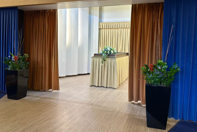 York Crematorium curtains and catafalque in the White Rose Chapel