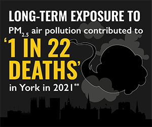 Illustrative image of York skyline, with a cloud and the text "Long term exposure to PM2.5 air pollution contributed to 1 in 22 deaths in York in 2021".