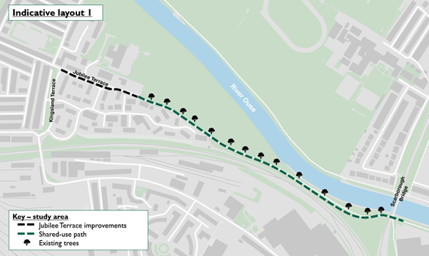 Map of approach 1 layout, showing a shared-use riverside path running from Jubilee Terrace to Scarborough Bridge.