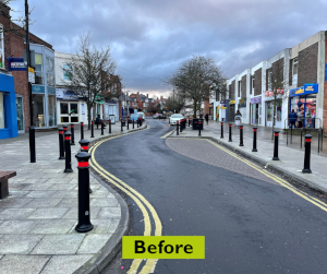The bollards before improvements are every metre or so, lining the road