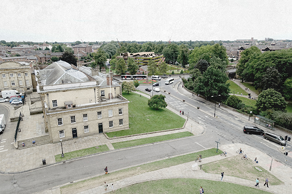 An ariel view of the top of Cliffords Tower looking towards St Georges Field.