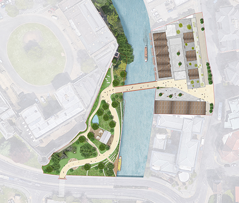 An artist's impression of an aerial view of the Castle Mills landscape master plan.