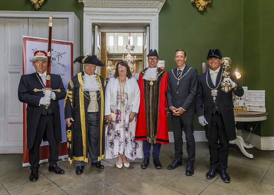 The 2025 Civic Party, From left to right is The Sword Bearer, Lord Mayor Cllr Martin Rowley BEM, Lady Mayoress Mrs Elizabeth Rowely, Sheriff of York Mr Paul Doughty, Sheriff's Consort Mr David Smith and the Mace Bearer