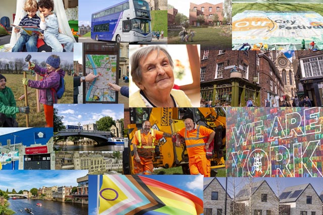 The Council Plan 'One City for all' montage, showing photographs of places and people in York.