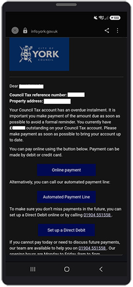 Council tax reminder message with details of amount owed.