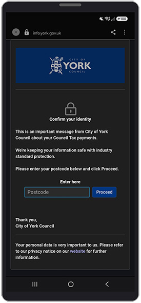 Example of council tax reminder by text (SMS) where your postcode is used for security.