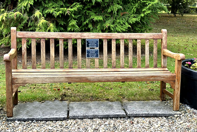 Memorial plaques on a bench in the grounds of York Crematorium