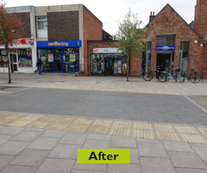 The pedestrian crossing after improvements has been levelled and widened with clear unrestricted walkways on either side