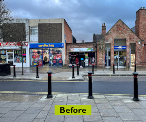 The pedestrian crossing before improvements is quite narrow with bollards on either side of the walk way