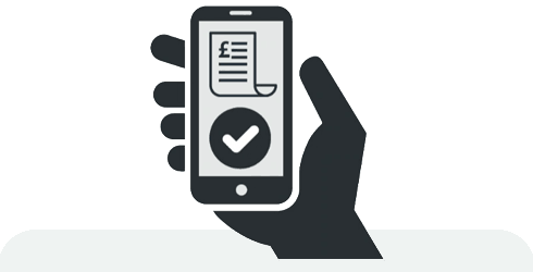 eBilling icon - hand holding a mobile telephone with tick symbol