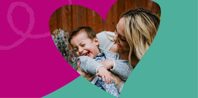 Woman smiles at young boy inside a heart which has been placed on a half blue and half pink background with the Fostering York logo