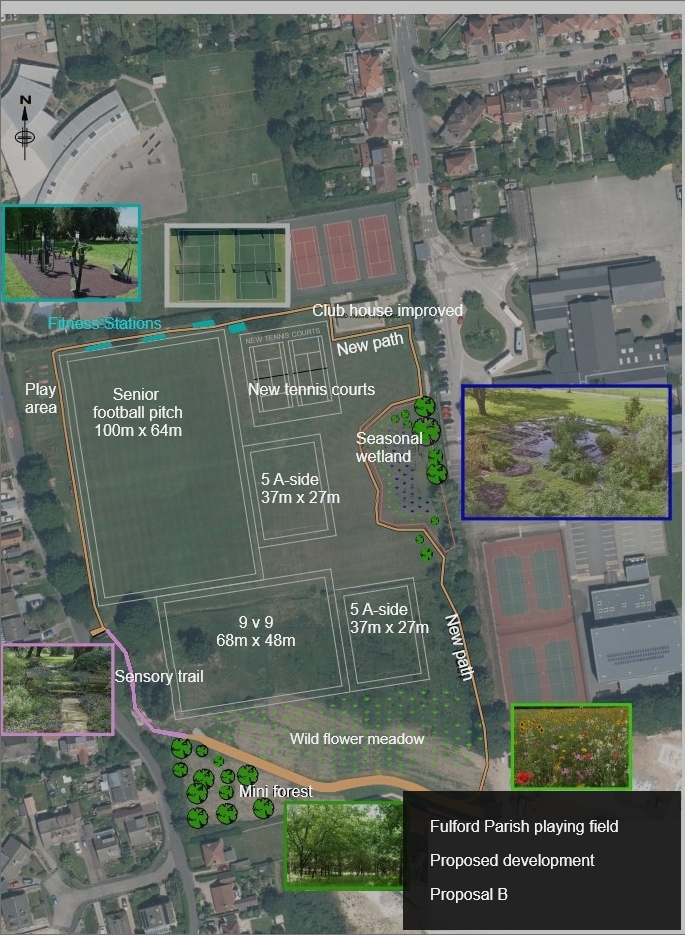 Option B shows the layout for the development of a new playing field it shows the perimeter of the site being highlighted as a new path. Towards the south of the map, outside of the new path, there will be a mini forest. Inside the path, at the bottom of the map, there's going to be a wildflower meadow. On the outside of the path to the east of the site, a seasonal wetland will be built. To the north of the site, the club house is indicated and the tennis courts. To the left of this there will be built fitness stations. Similarly, on the west of the boundary, outside of the path, a play area is indicated. Below the play area a sensory trail will begin, and this continues down to the mini forest. Within the new path there will be a senior football pitch, a 5-a-side pitch, a 9x9 pitch and another 5-a-size pitch. In addition, there will be new tennis courts built close to the club house but within the confines of the new path.