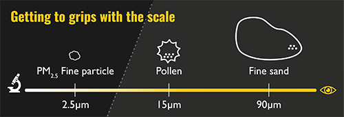 Getting to grips with scale: Diagram showing comparison of scale between PM2.5 particle (smallest at 2.5 micrometres), pollen particle (medium at 15 micrometres), and grain of fine sand (largest at 90 micrometres).