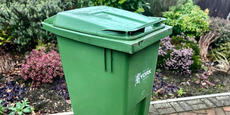 Green city of york council bin in front of some flowers