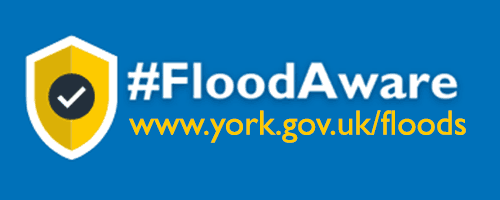 The logo for hashtag Flood Aware, a blue background with a yellow shield