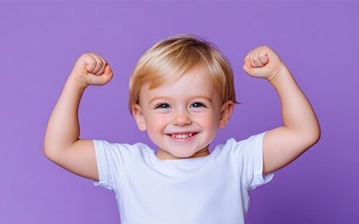 Picture of a child raising hands in front of a purple background