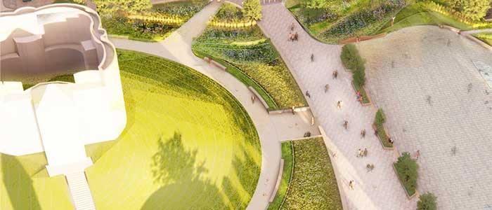 An illustrative birds eye view of a circular path surrounding Clifford's Tower, with people walking along an adjacent wider path