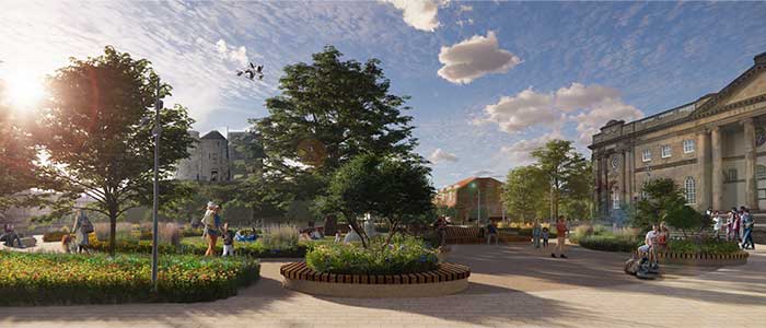 Illustrative view of the Eye of York from York Castle Museum towards Clifford’s Tower, with a large central tree and people walking