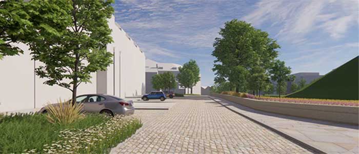 An illustrative view of Tower Street on a sunny day with two parked cars and trees in foreground