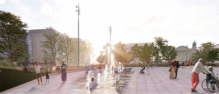 Illustrative view of water feature in front of sunset and line of trees, with people walking around the feature
