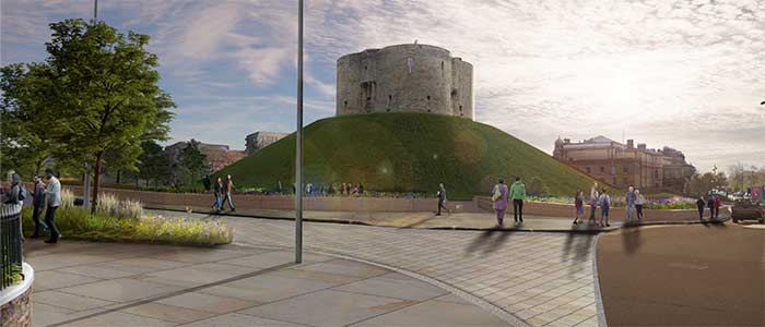 Illustrative view of Clifford's Tower in the sunset with people walking alongside a road in the foreground