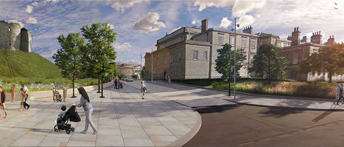 An illustration of the view of the proposed site, with Clifford's tower to the left and people walking in the foreground