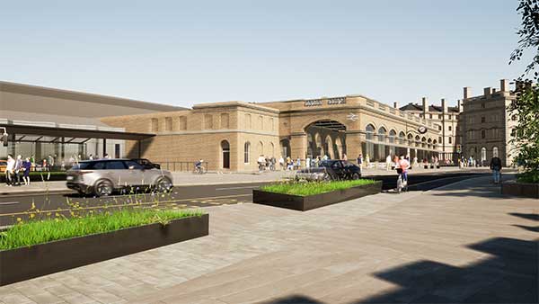 A view of the planned station portico and the new segregated cycle lanes