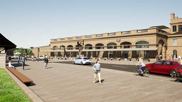 A view of what the improved portico and new pedestrian crossing at the front of the station might look like